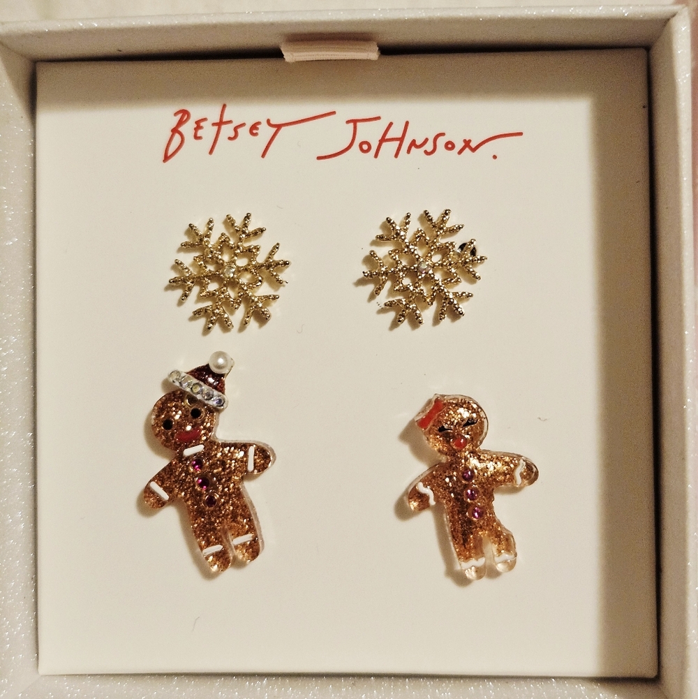 2 Betsey Johnson Festive Gold Earrings Set Gold Snowflakes & Ginger Bread People